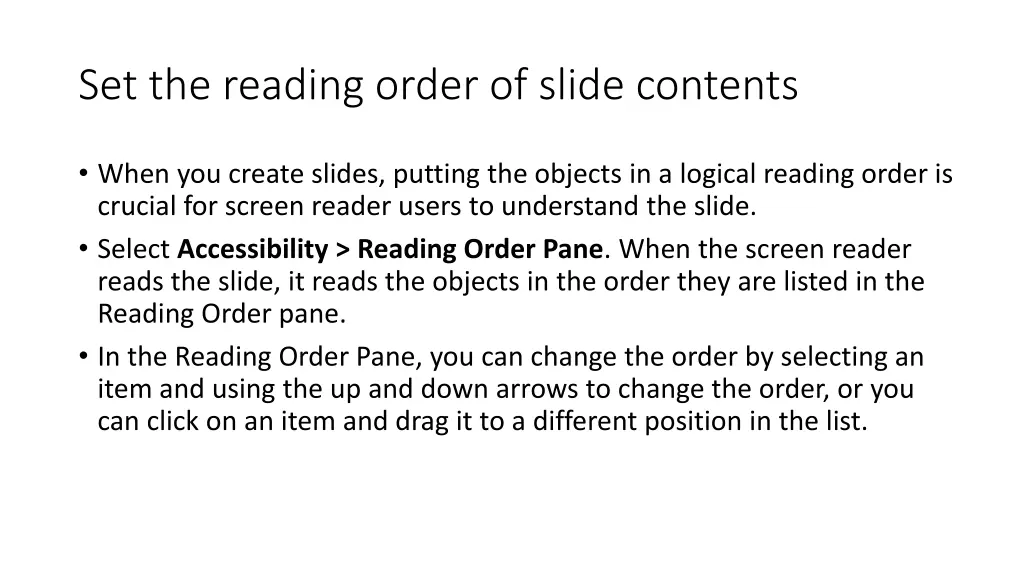 set the reading order of slide contents