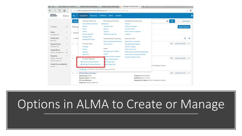 options in alma to create or manage