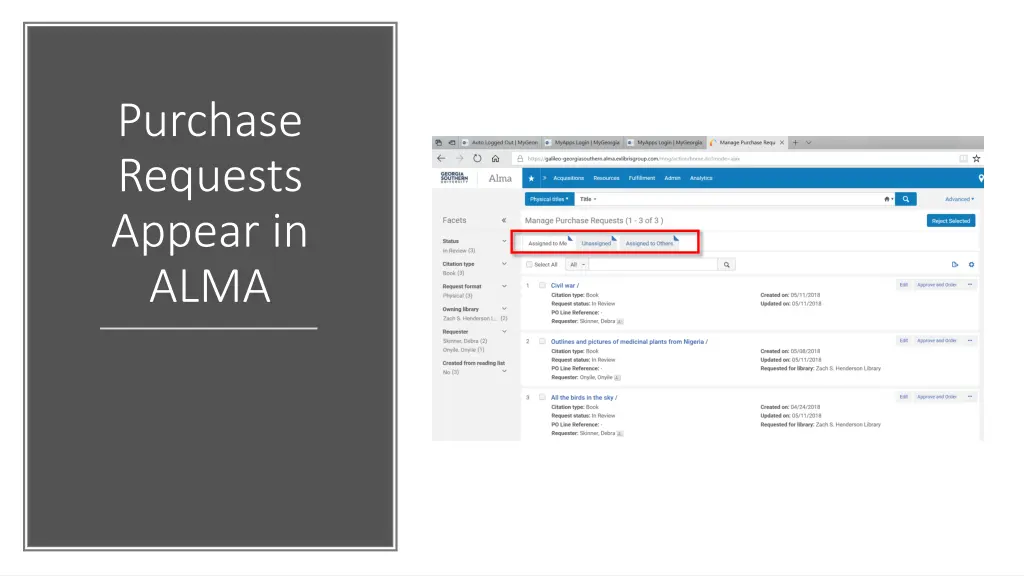 purchase requests appear in alma