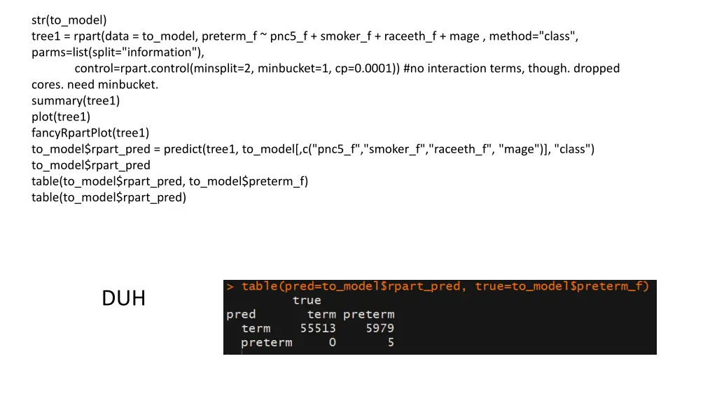 str to model tree1 rpart data to model preterm