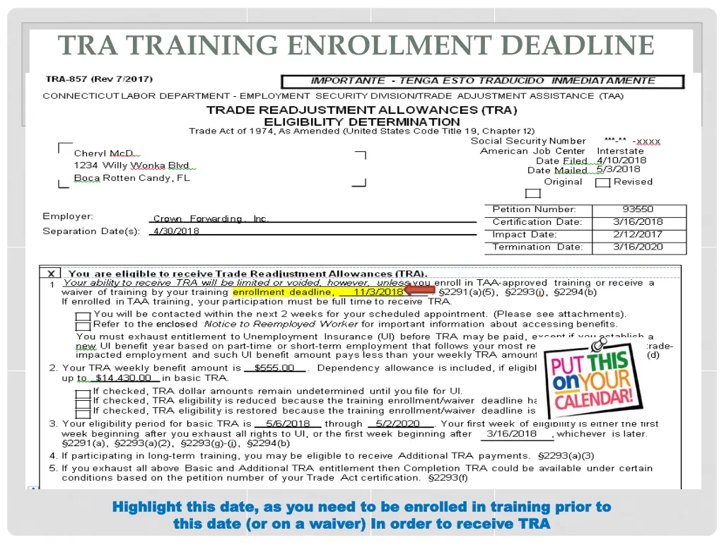 tra training enrollment deadline