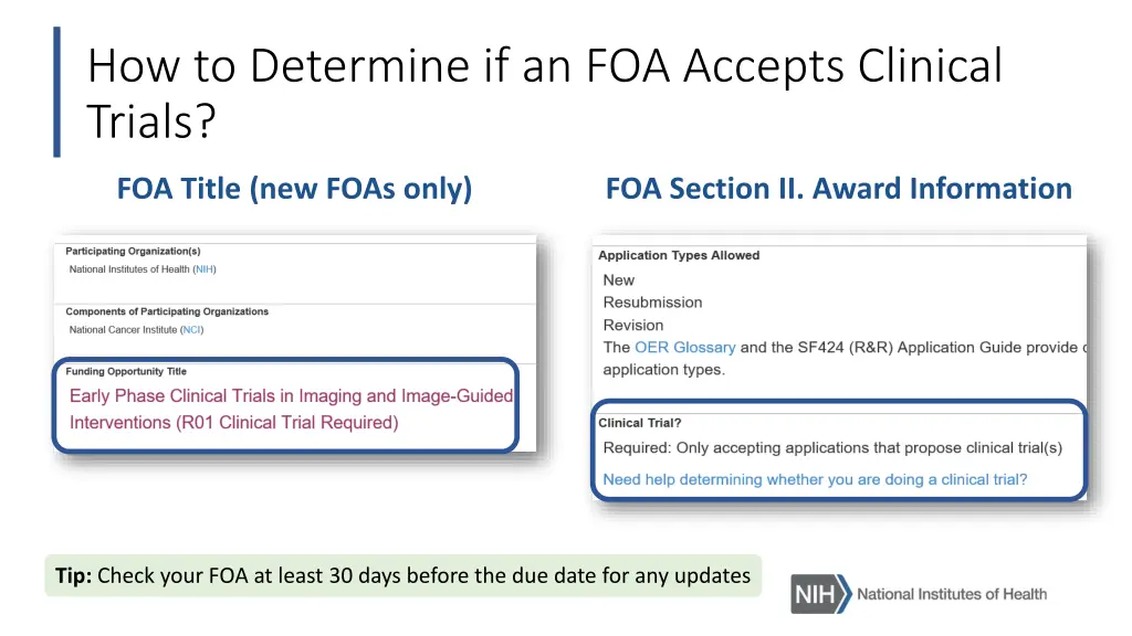 how to determine if an foa accepts clinical trials