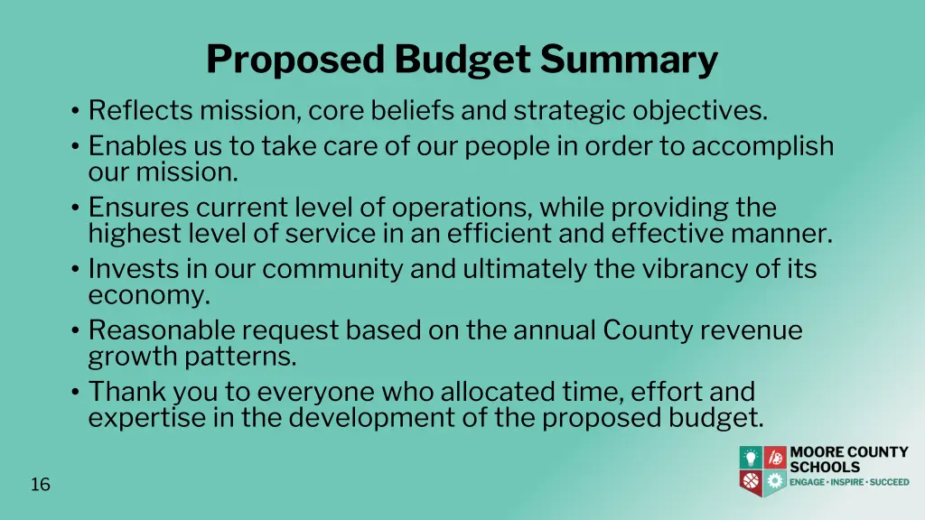 proposed budget summary reflects mission core