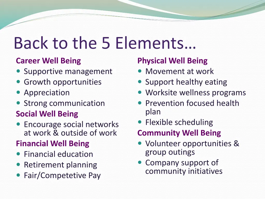 back to the 5 elements career well being