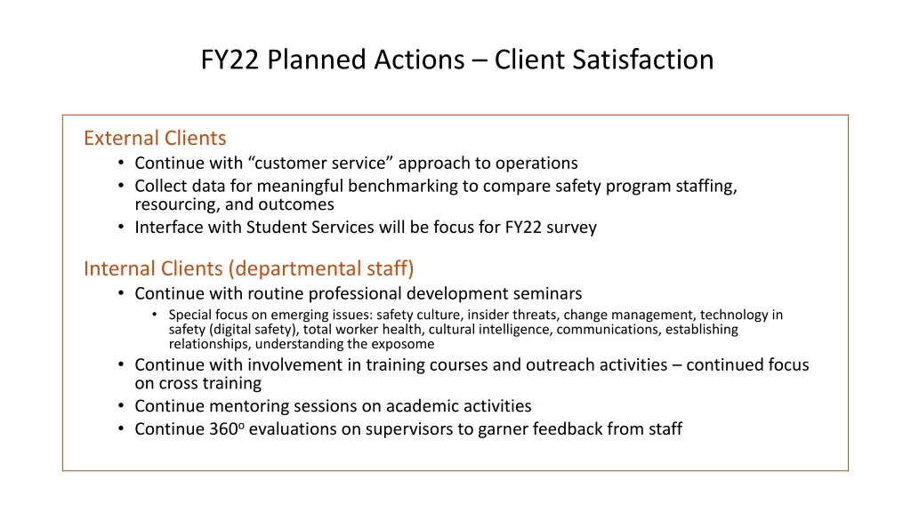 fy22 planned actions client satisfaction