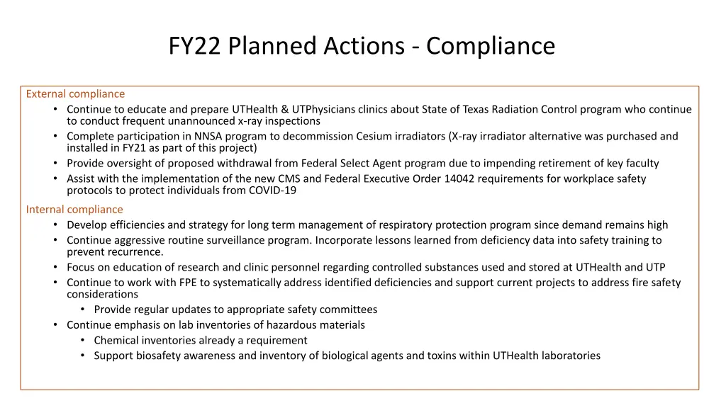 fy22 planned actions compliance