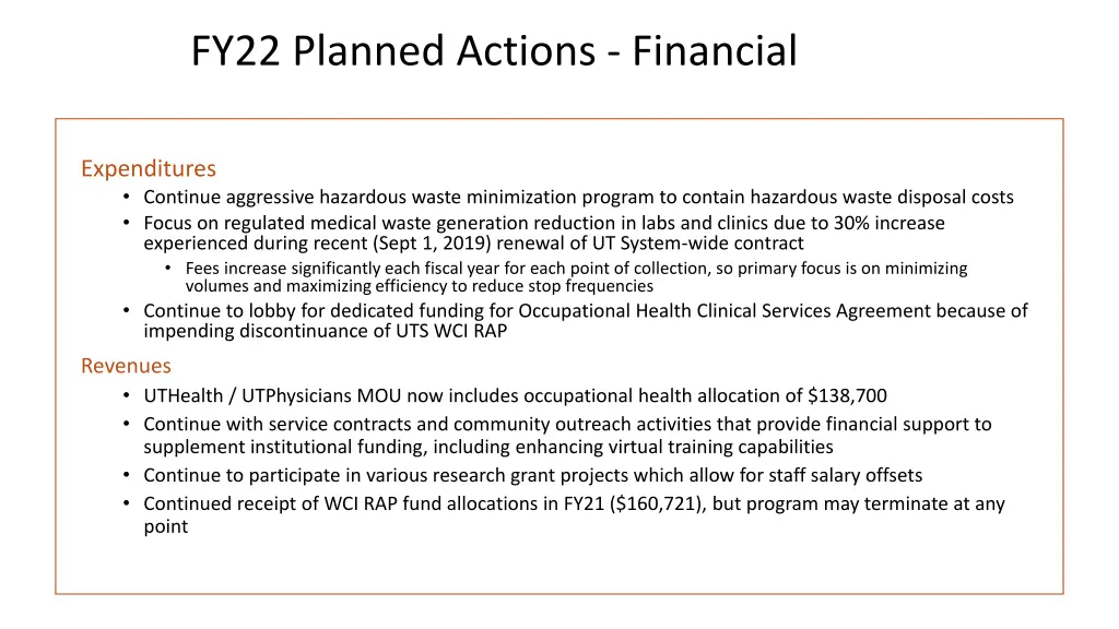fy22 planned actions financial