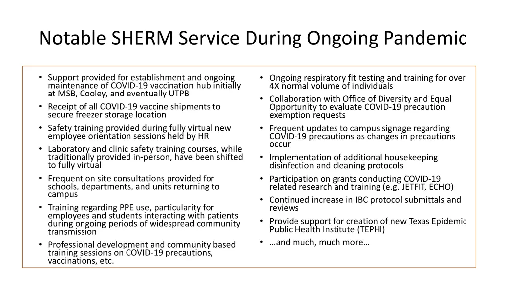 notable sherm service during ongoing pandemic