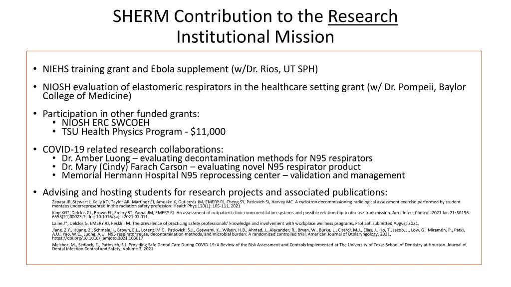 sherm contribution to the research institutional