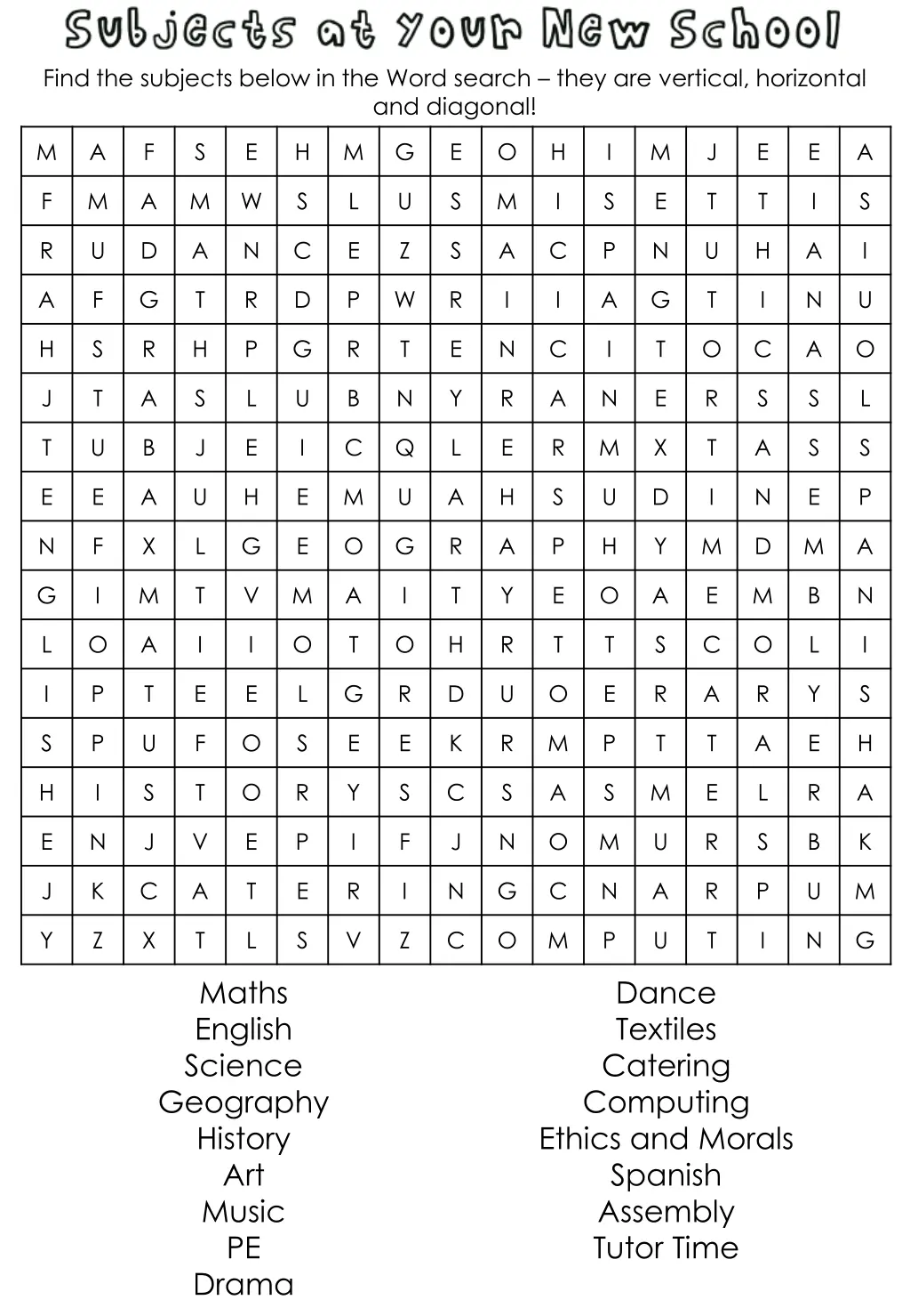 find the subjects below in the word search they