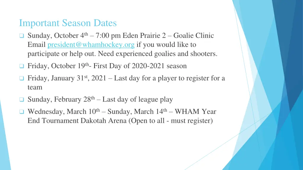 important season dates sunday october