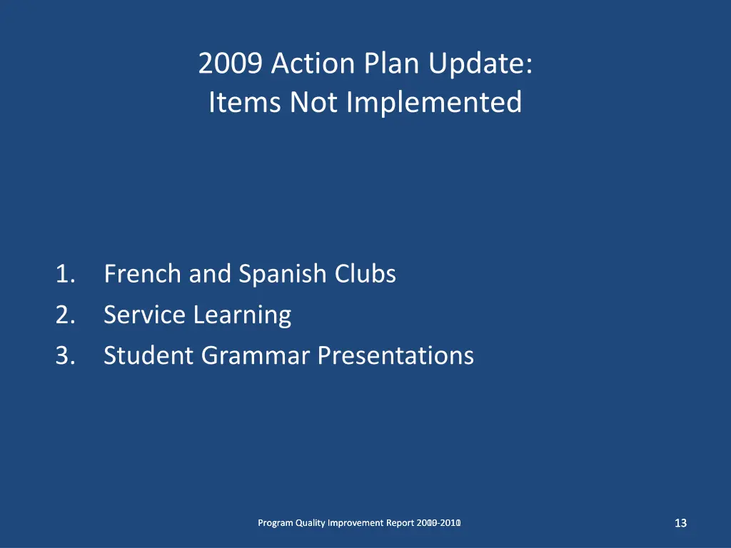 2009 action plan update items not implemented