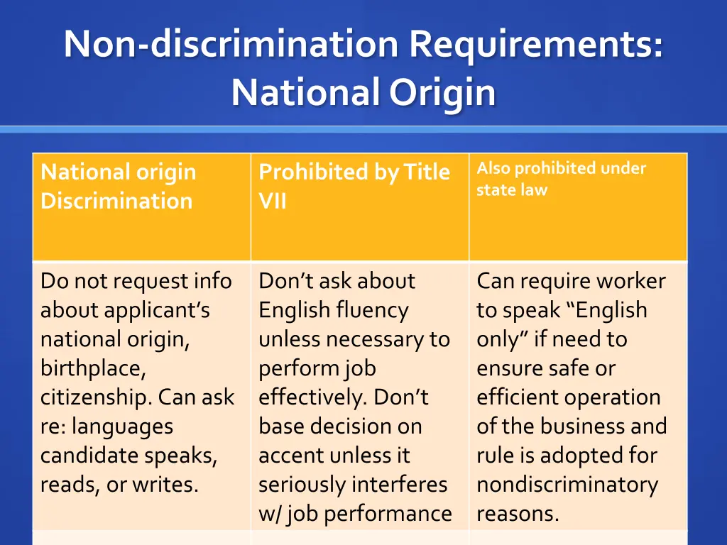 non discrimination requirements national origin