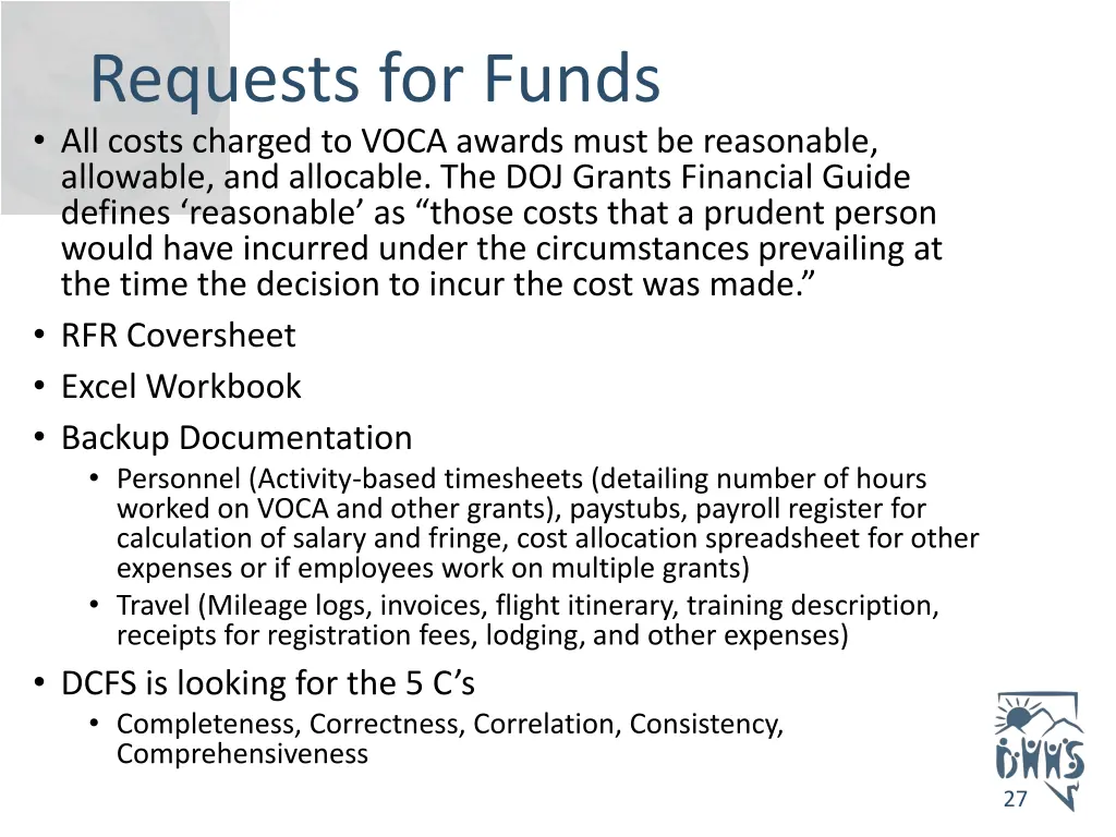 requests for funds all costs charged to voca