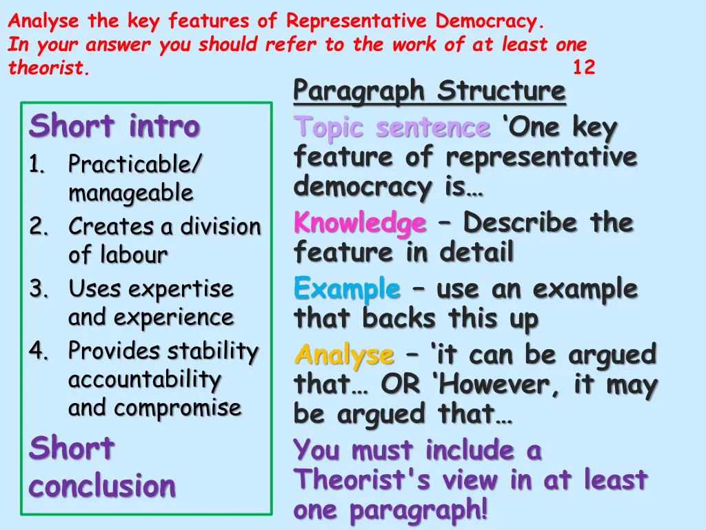 analyse the key features of representative 1
