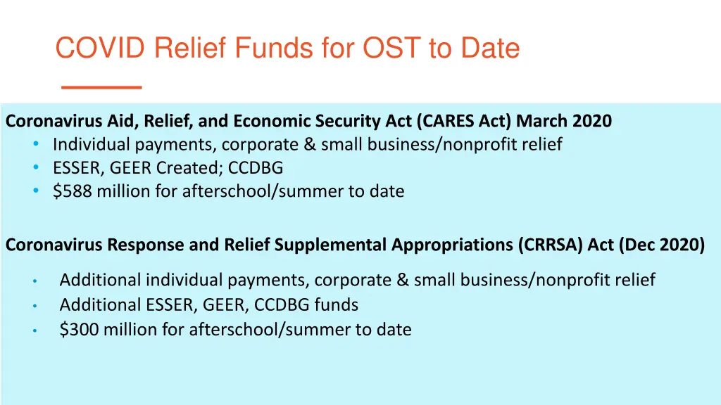 covid relief funds for ost to date
