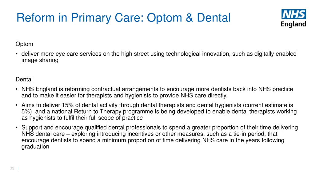 reform in primary care optom dental