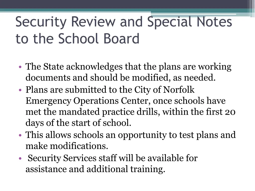 security review and special notes to the school