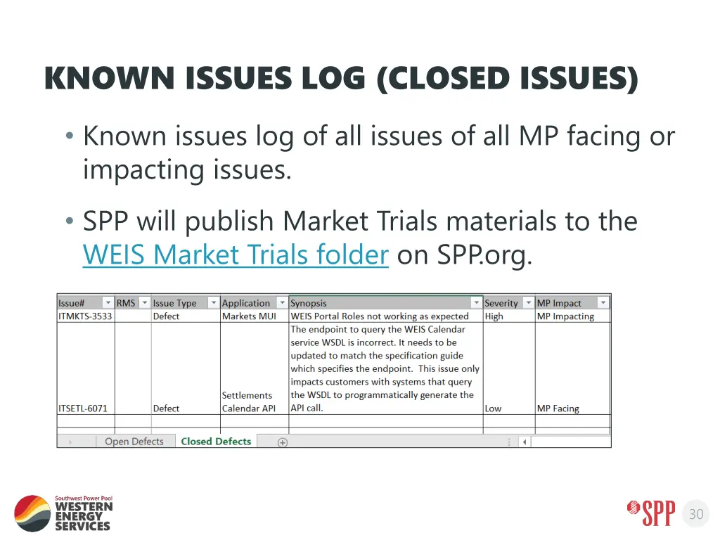 known issues log closed issues