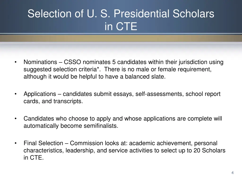 selection of u s presidential scholars in cte