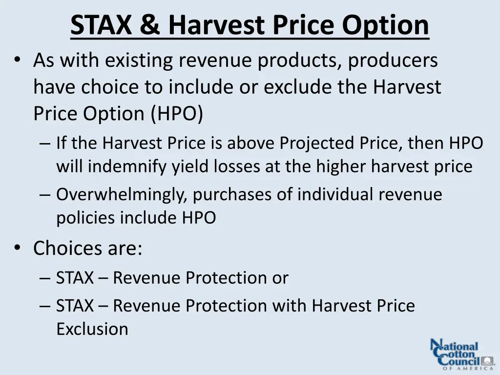 stax harvest price option as with existing