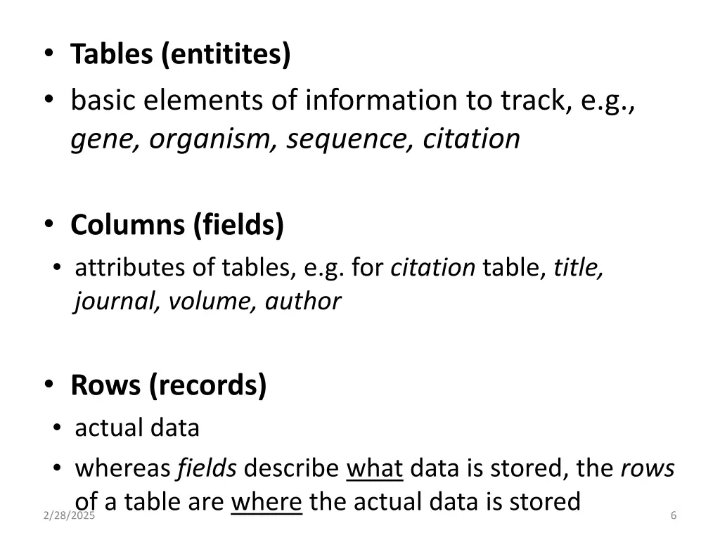 tables entitites basic elements of information