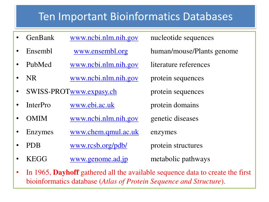 ten important bioinformatics databases