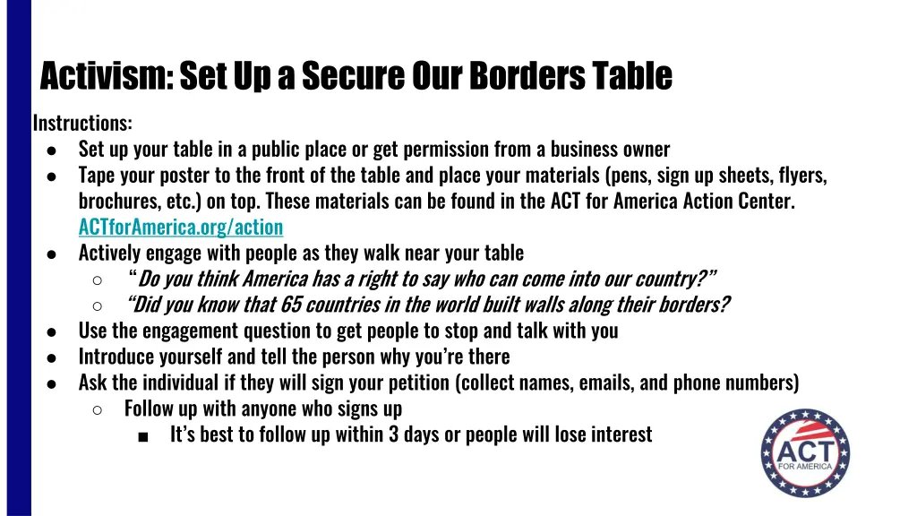 activism set up a secure our borders table
