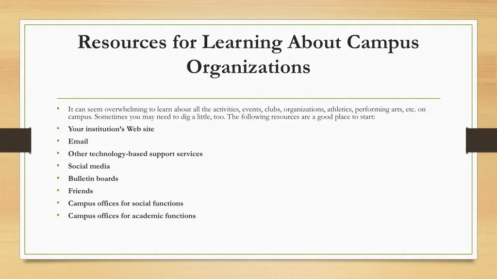 resources for learning about campus organizations