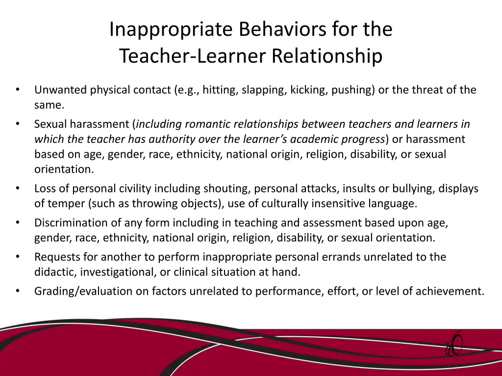 inappropriate behaviors for the teacher learner