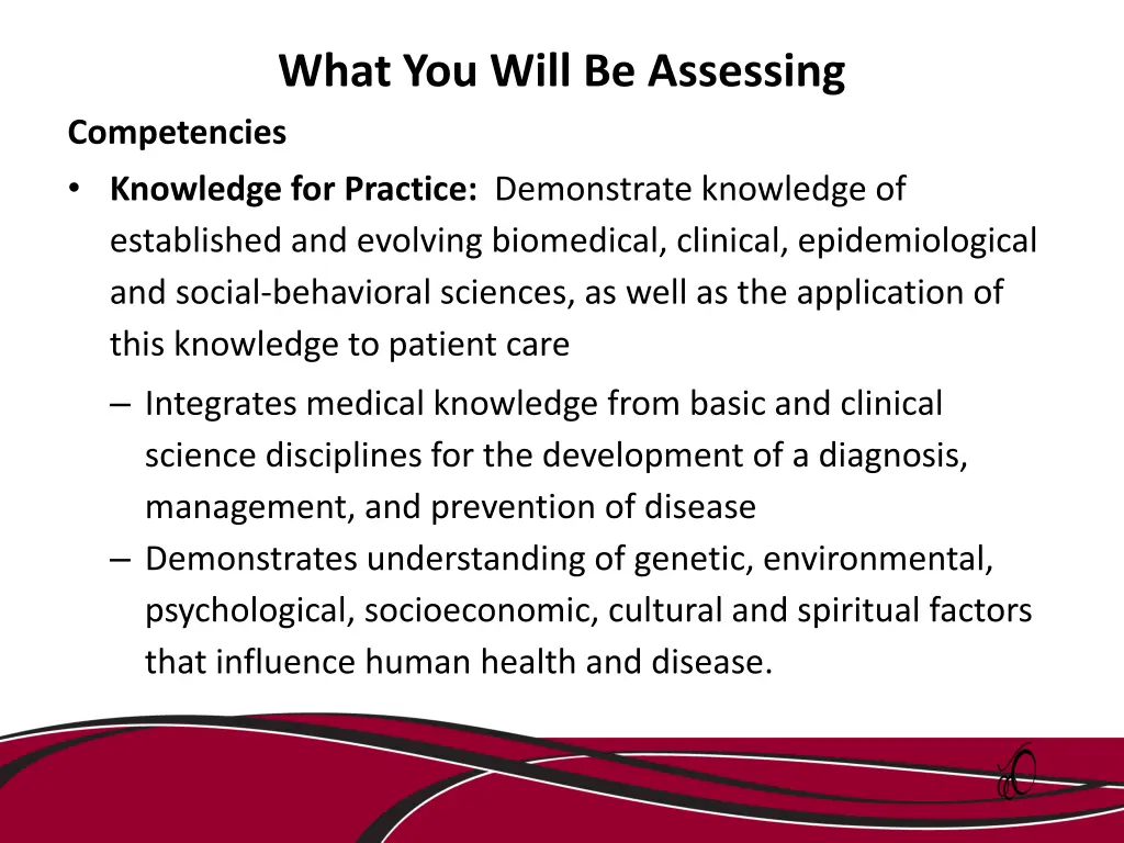 what you will be assessing competencies knowledge