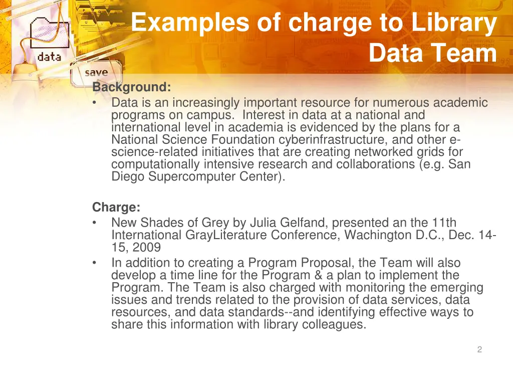 examples of charge to library