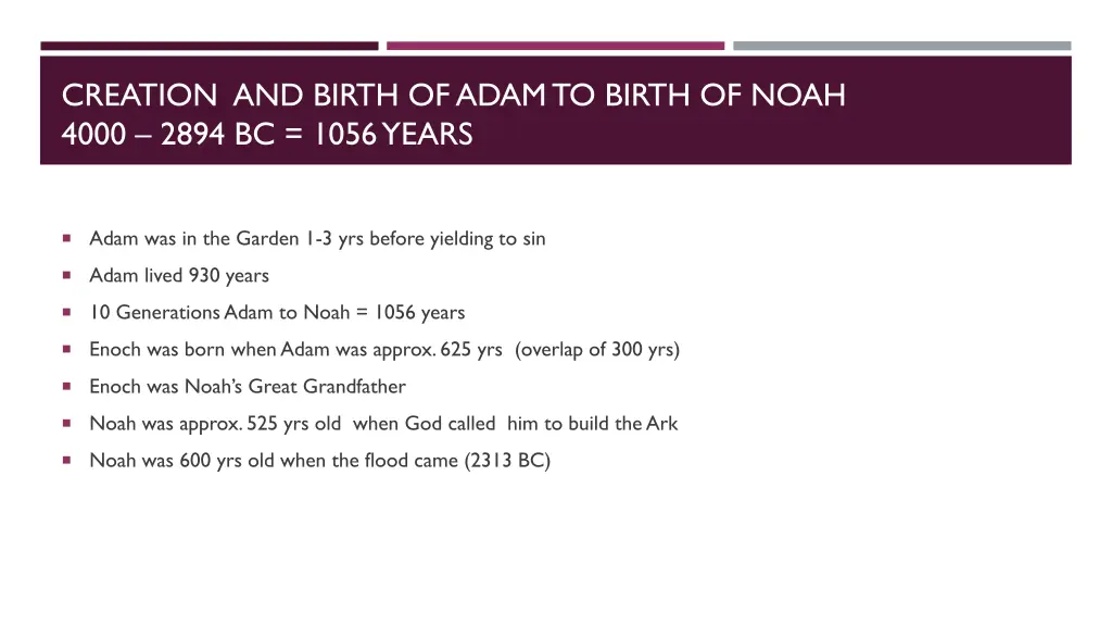 creation and birth of adam to birth of noah 4000