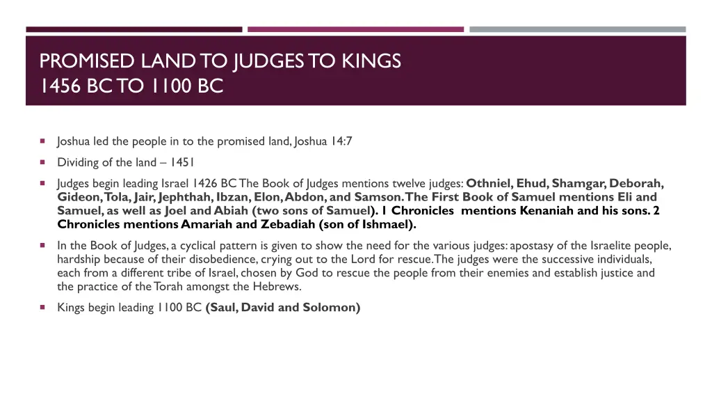 promised land to judges to kings 1456 bc to 1100