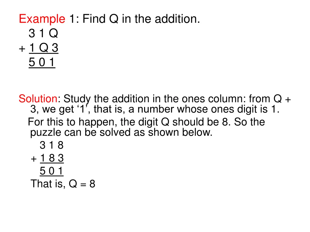 example 1 find q in the addition 3 1 q 1 q 3 5 0 1