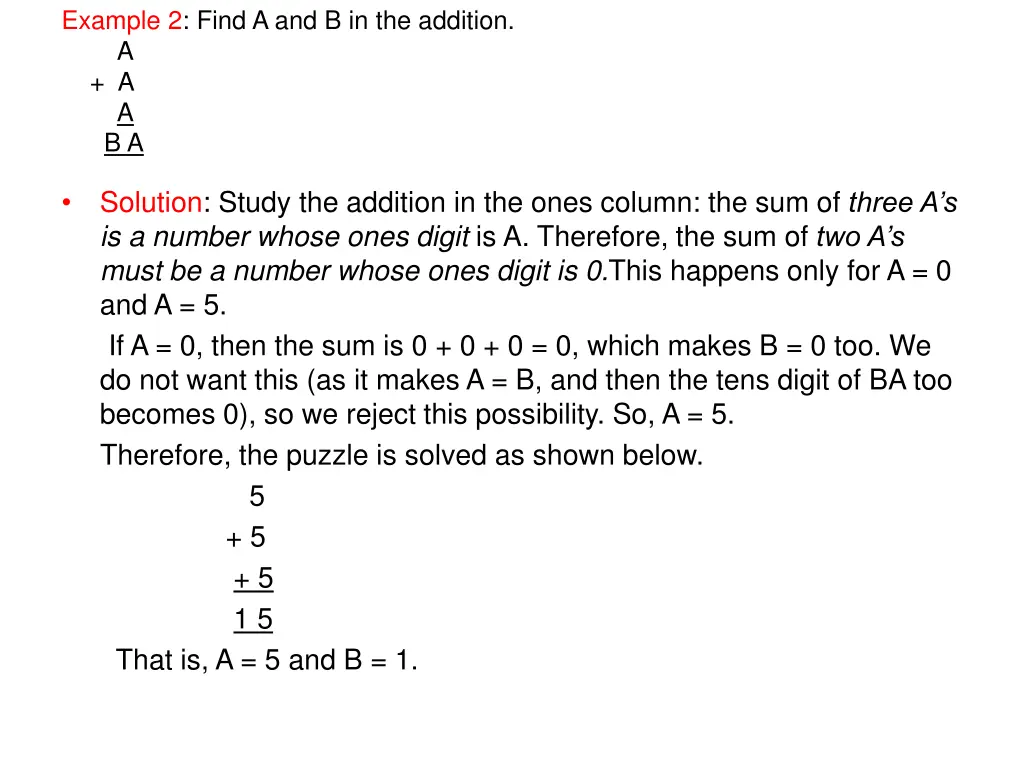 example 2 find a and b in the addition a a a b a