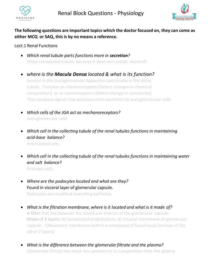 renal block questions physiology
