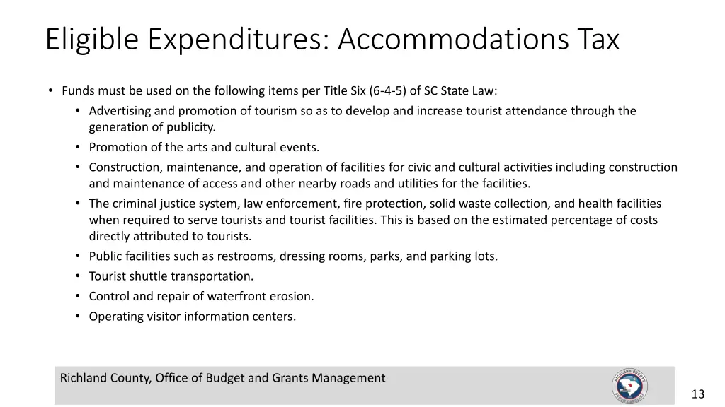 eligible expenditures accommodations tax