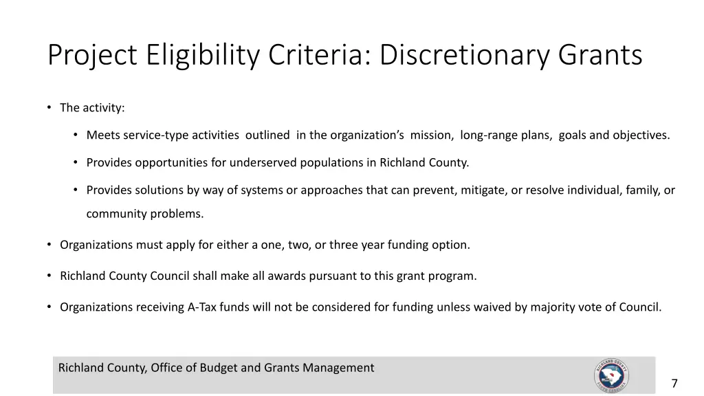 project eligibility criteria discretionary grants
