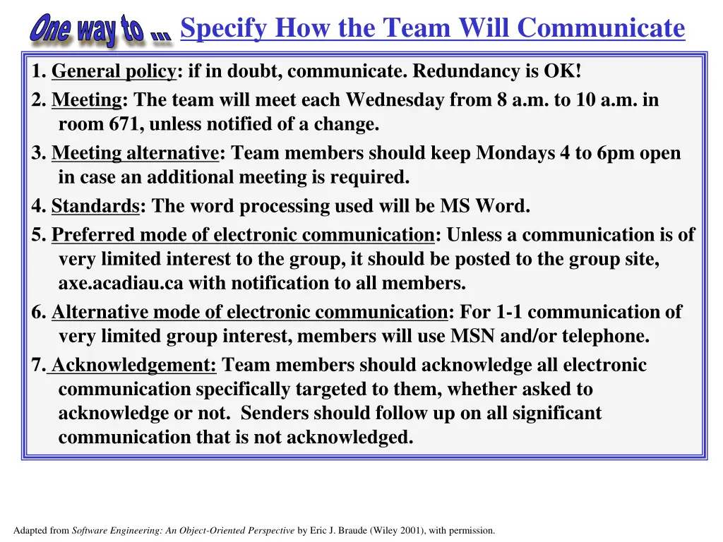 specify how the team will communicate one way to