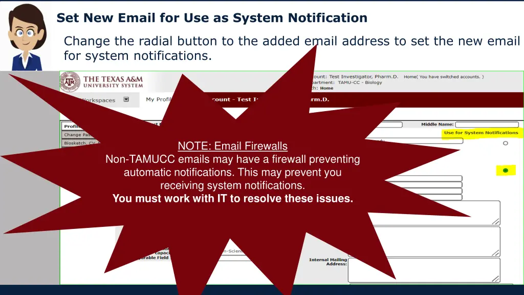 set new email for use as system notification 1