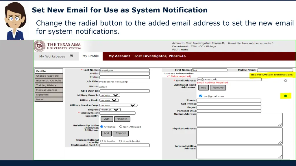 set new email for use as system notification