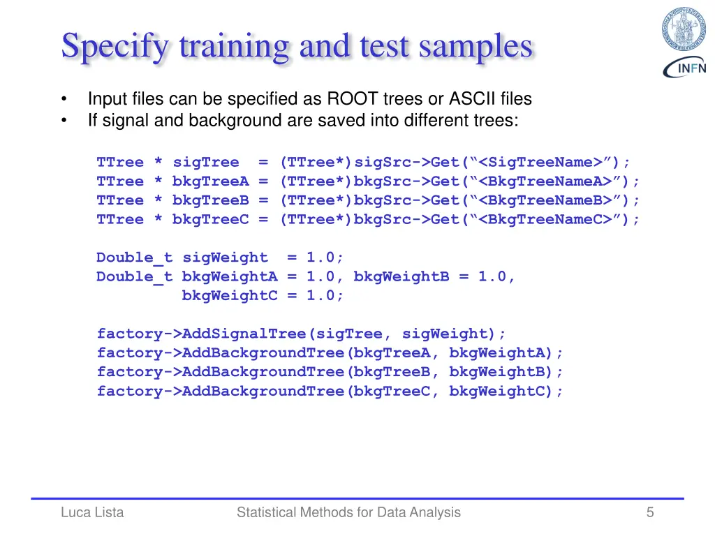 specify training and test samples