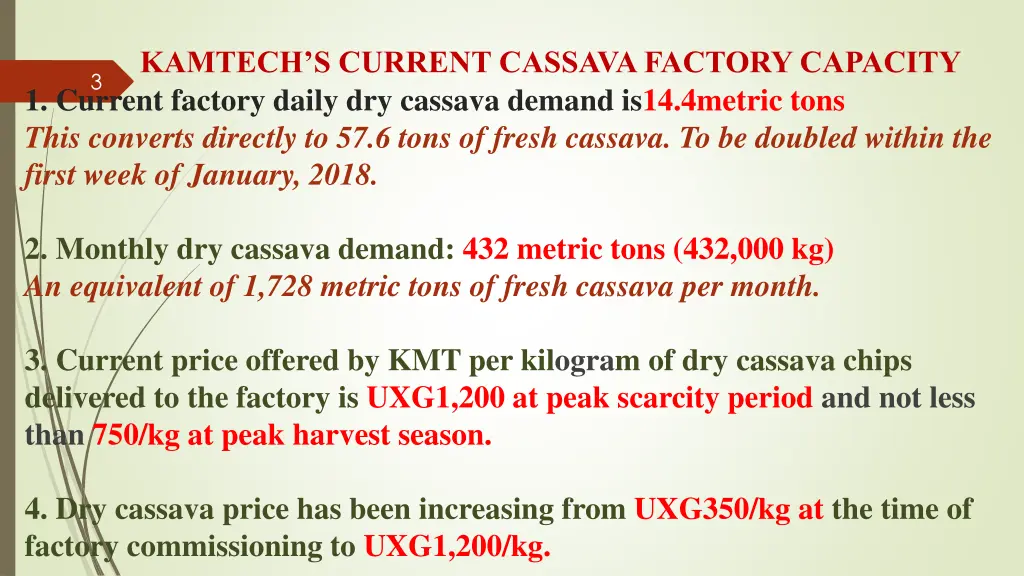 kamtech s current cassava factory capacity
