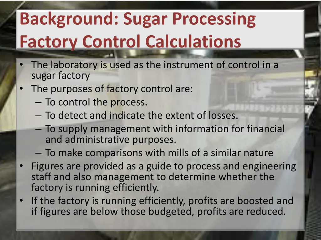 background sugar processing factory control