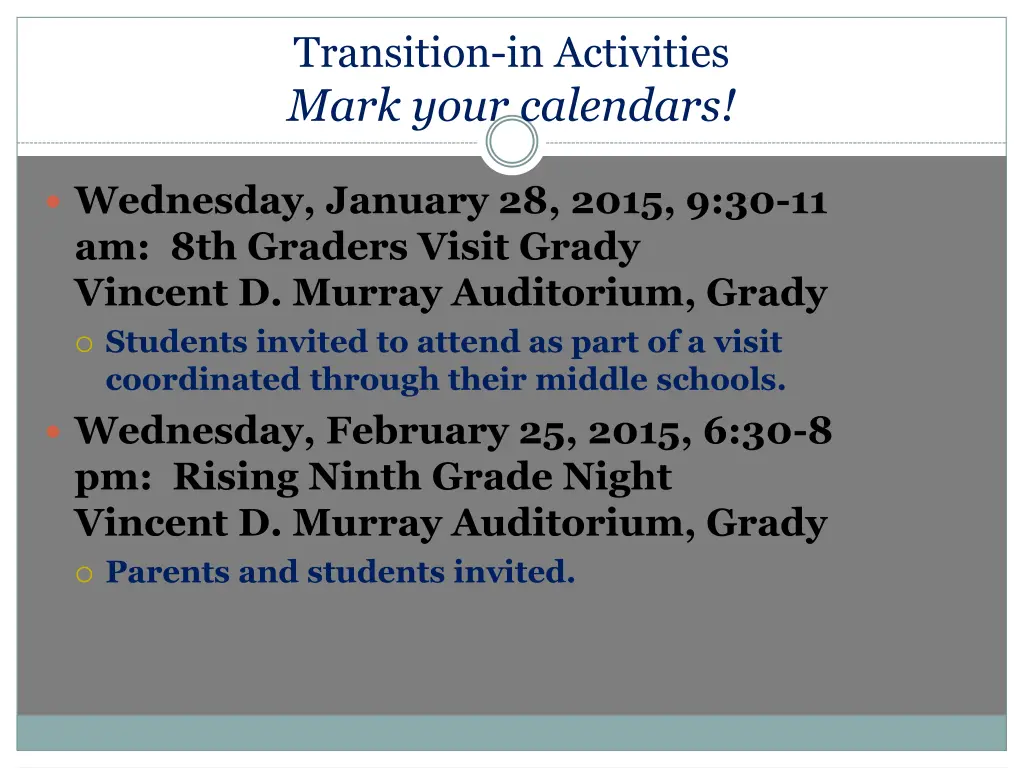 transition in activities mark your calendars