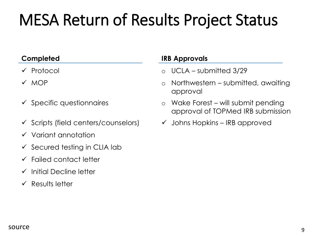 mesa return of results project status mesa return
