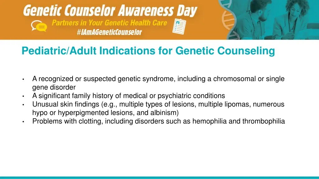 pediatric adult indications for genetic counseling