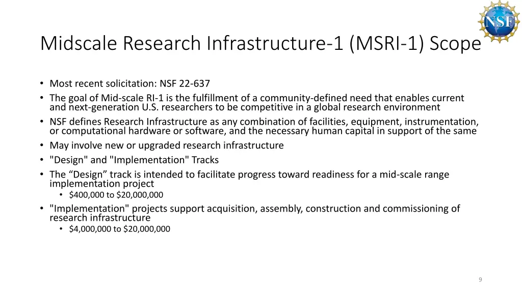 midscale research infrastructure 1 msri 1 scope