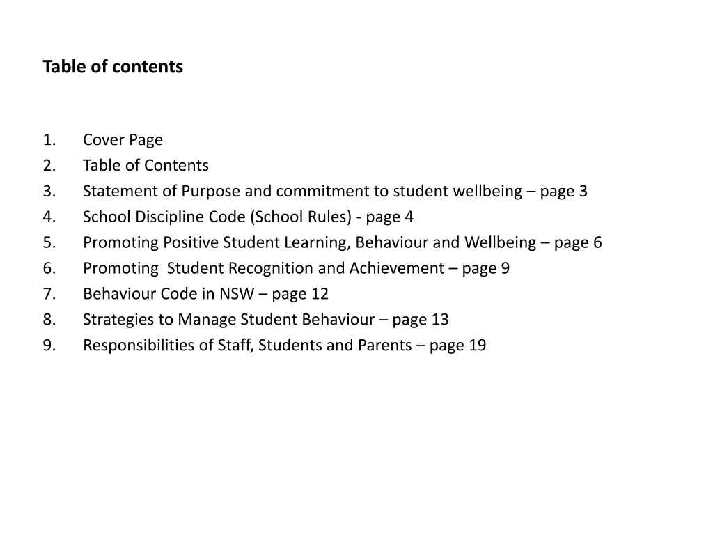 table of contents